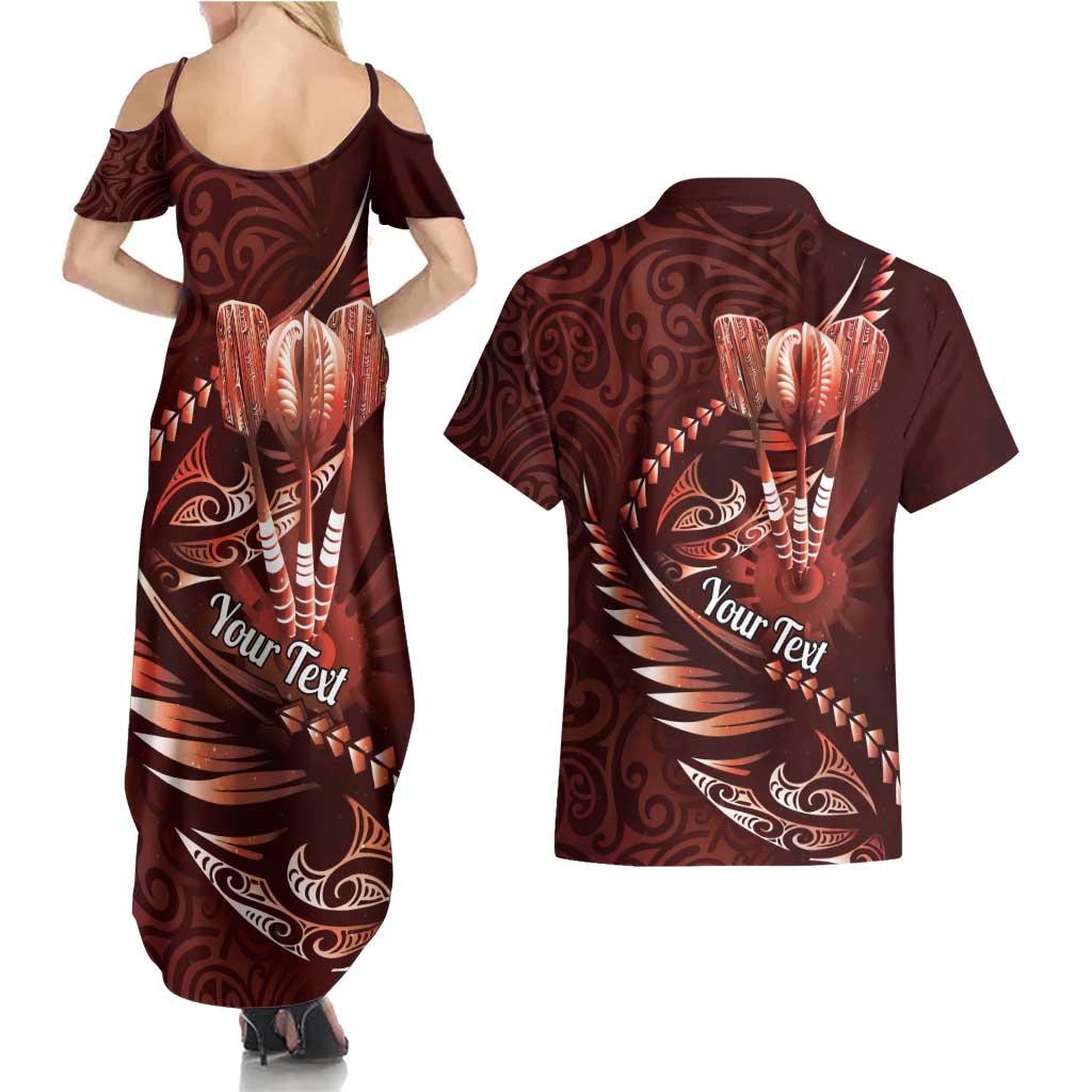 Personalised All Red New Zealand Darts Couples Matching Summer Maxi Dress and Hawaiian Shirt Aoteroa Fern Maori Galaxy Style