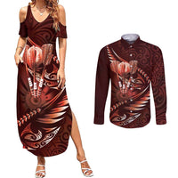 Personalised All Red New Zealand Darts Couples Matching Summer Maxi Dress and Long Sleeve Button Shirt Aoteroa Fern Maori Galaxy Style