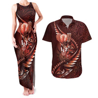 Personalised All Red New Zealand Darts Couples Matching Tank Maxi Dress and Hawaiian Shirt Aoteroa Fern Maori Galaxy Style
