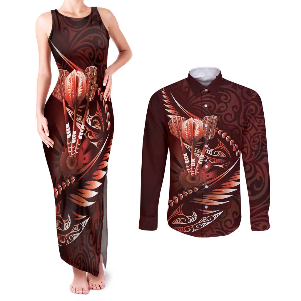 Personalised All Red New Zealand Darts Couples Matching Tank Maxi Dress and Long Sleeve Button Shirt Aoteroa Fern Maori Galaxy Style