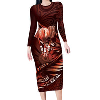 Personalised All Red New Zealand Darts Long Sleeve Bodycon Dress Aoteroa Fern Maori Galaxy Style
