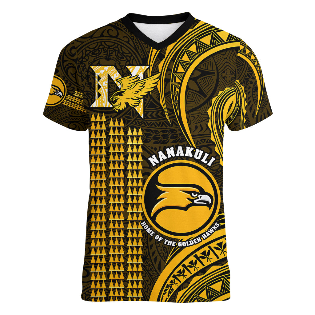 Personalised Hawaii Nanakuli High And Intermediate School Women V Neck T Shirt Polynesian Kakau Pattern LT14 Female Gold - Polynesian Pride