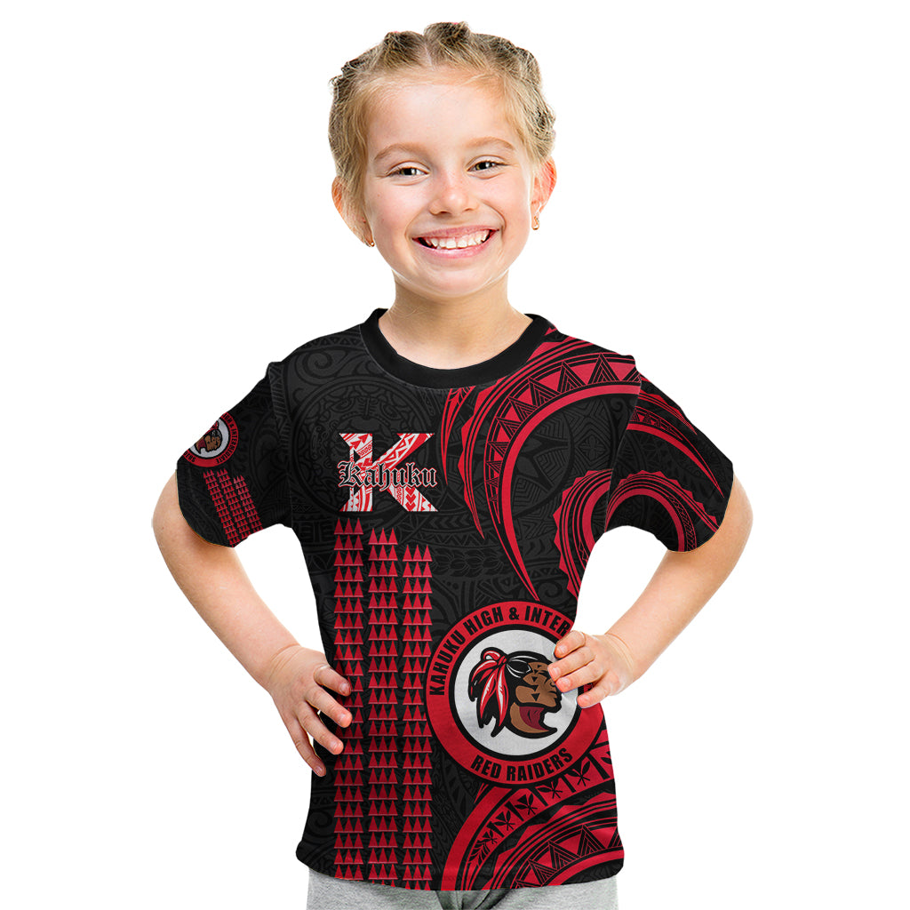 Hawaii Kahuku High And Intermediate School Kid T Shirt Red Raiders Kakau Pattern LT14 Red - Polynesian Pride