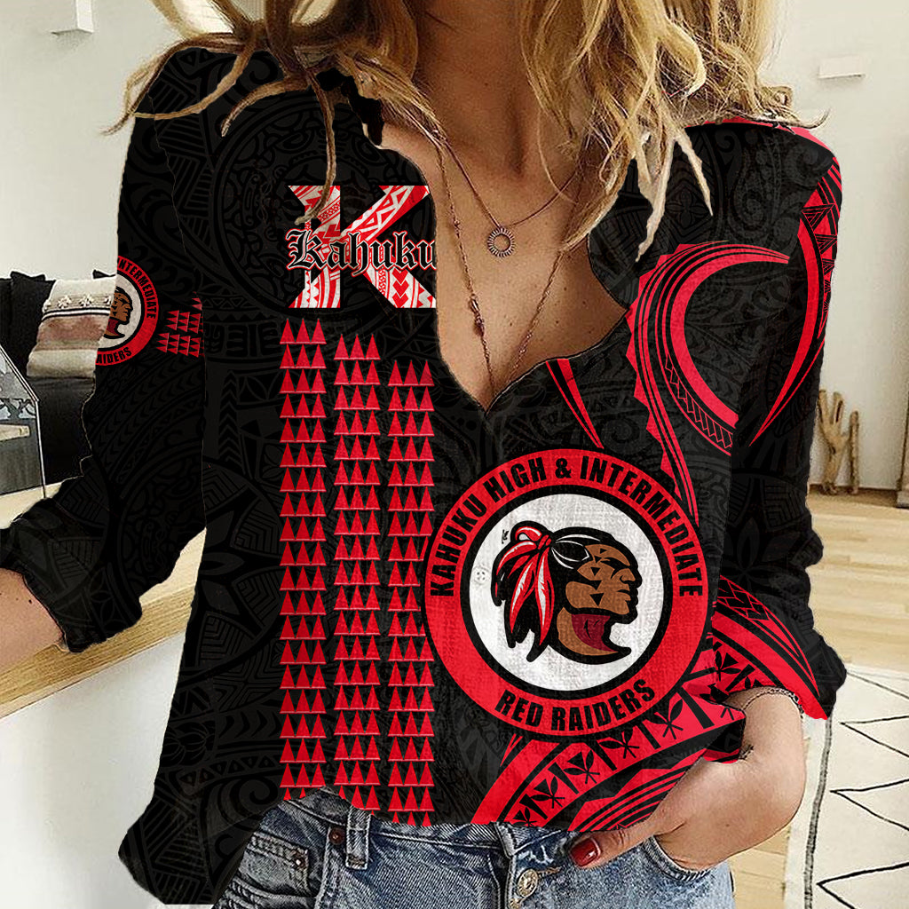 Hawaii Kahuku High And Intermediate School Women Casual Shirt Red Raiders Kakau Pattern LT14 Female Red - Polynesian Pride