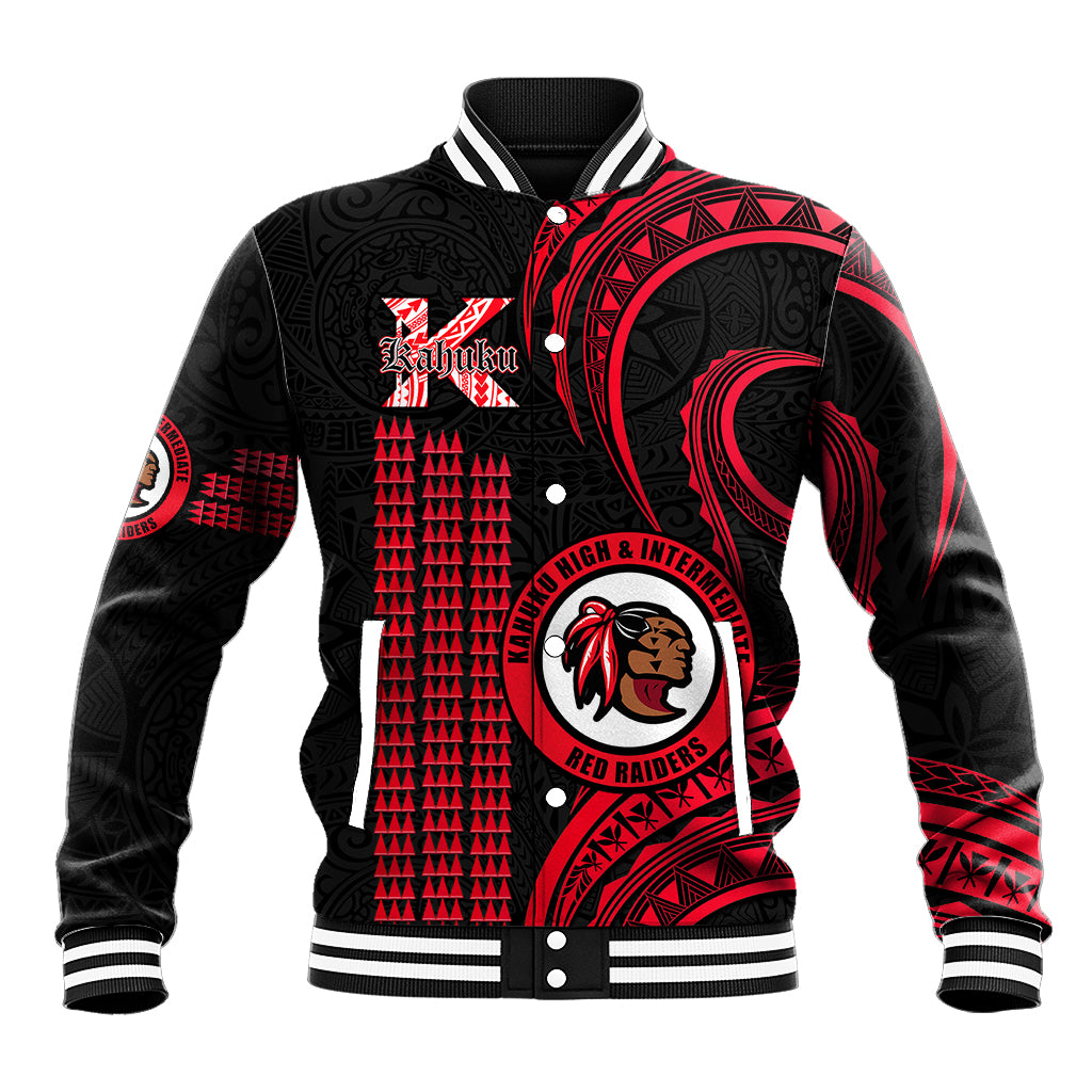 Personalised Hawaii Kahuku High And Intermediate School Baseball Jacket Red Raiders Kakau Pattern LT14 Unisex Red - Polynesian Pride
