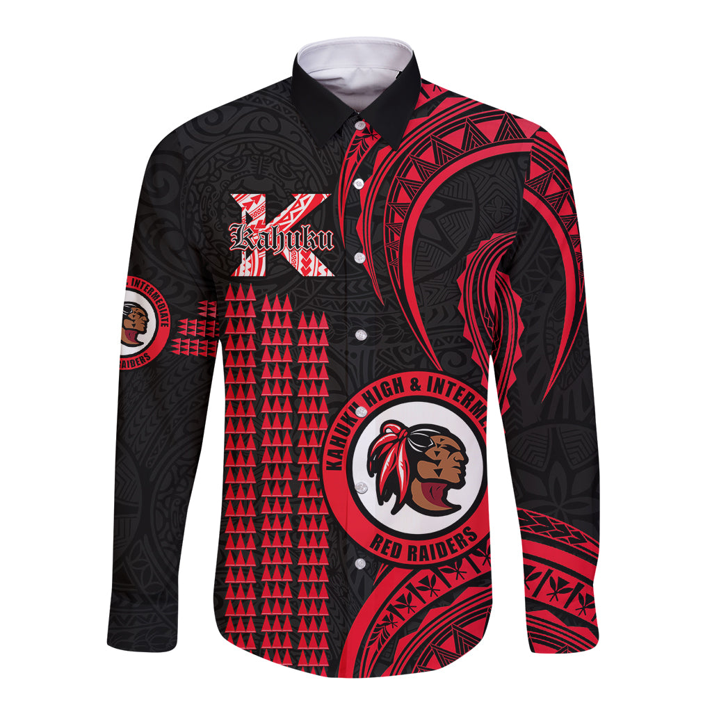 Personalised Hawaii Kahuku High And Intermediate School Long Sleeve Button Shirt Red Raiders Kakau Pattern LT14 Unisex Red - Polynesian Pride
