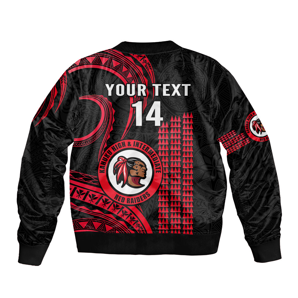 Personalised Hawaii Kahuku High And Intermediate School Sleeve Zip Bomber Jacket Red Raiders Kakau Pattern LT14 - Polynesian Pride