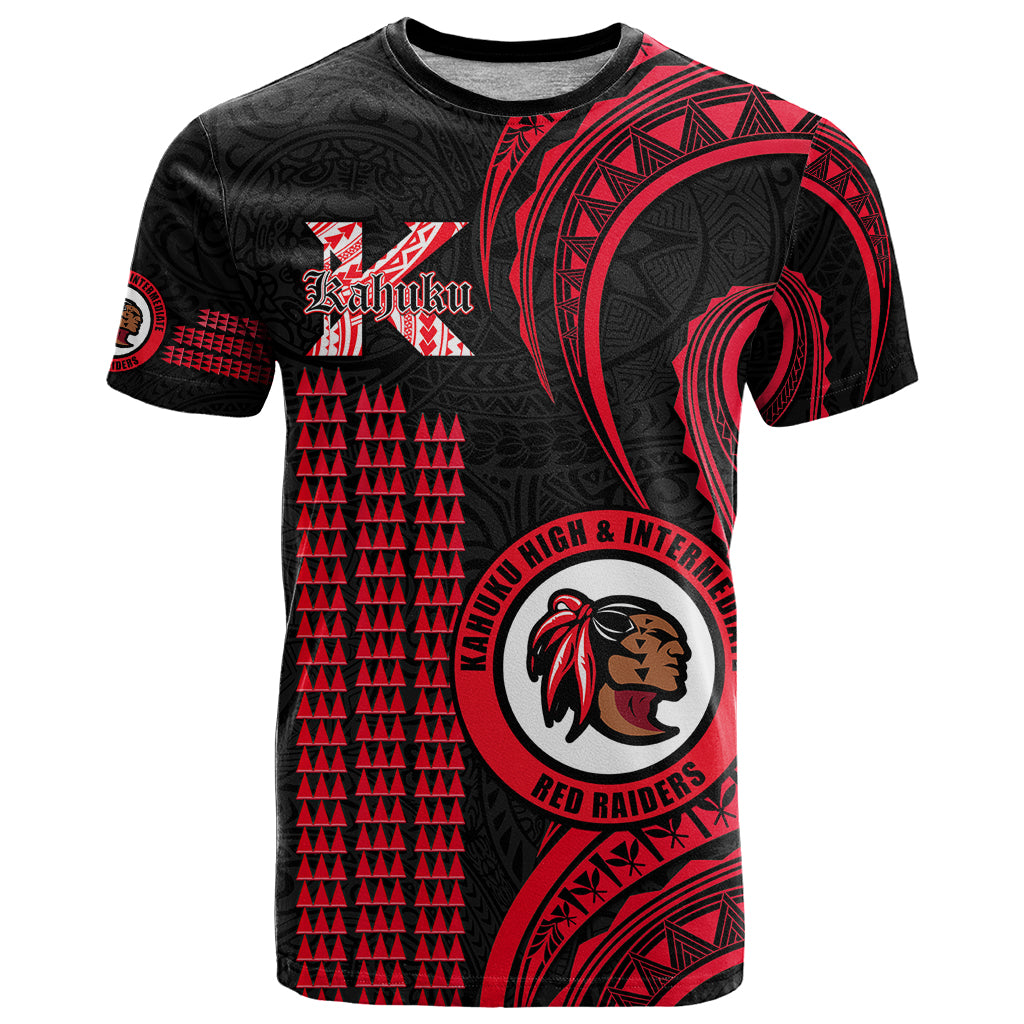 Custom Hawaii Kahuku High And Intermediate School T Shirt Red Raiders Kakau Pattern LT14 Red - Polynesian Pride