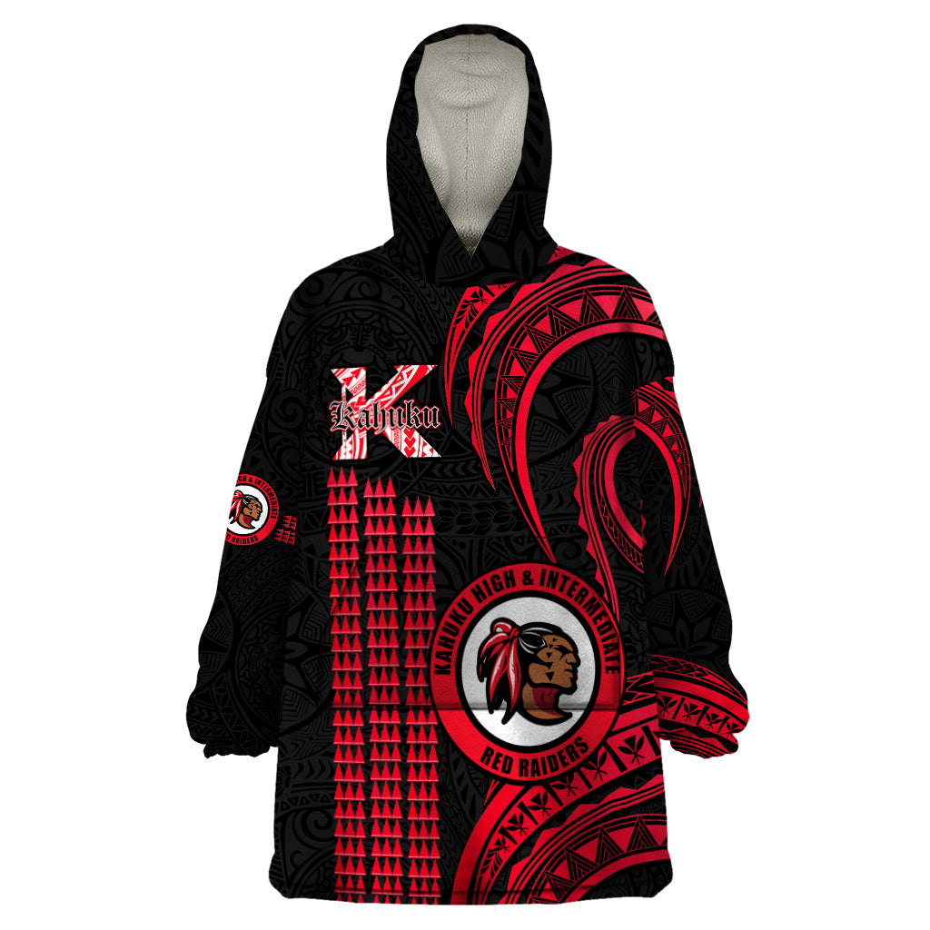 Personalised Hawaii Kahuku High And Intermediate School Wearable Blanket Hoodie Red Raiders Kakau Pattern LT14 One Size Red - Polynesian Pride