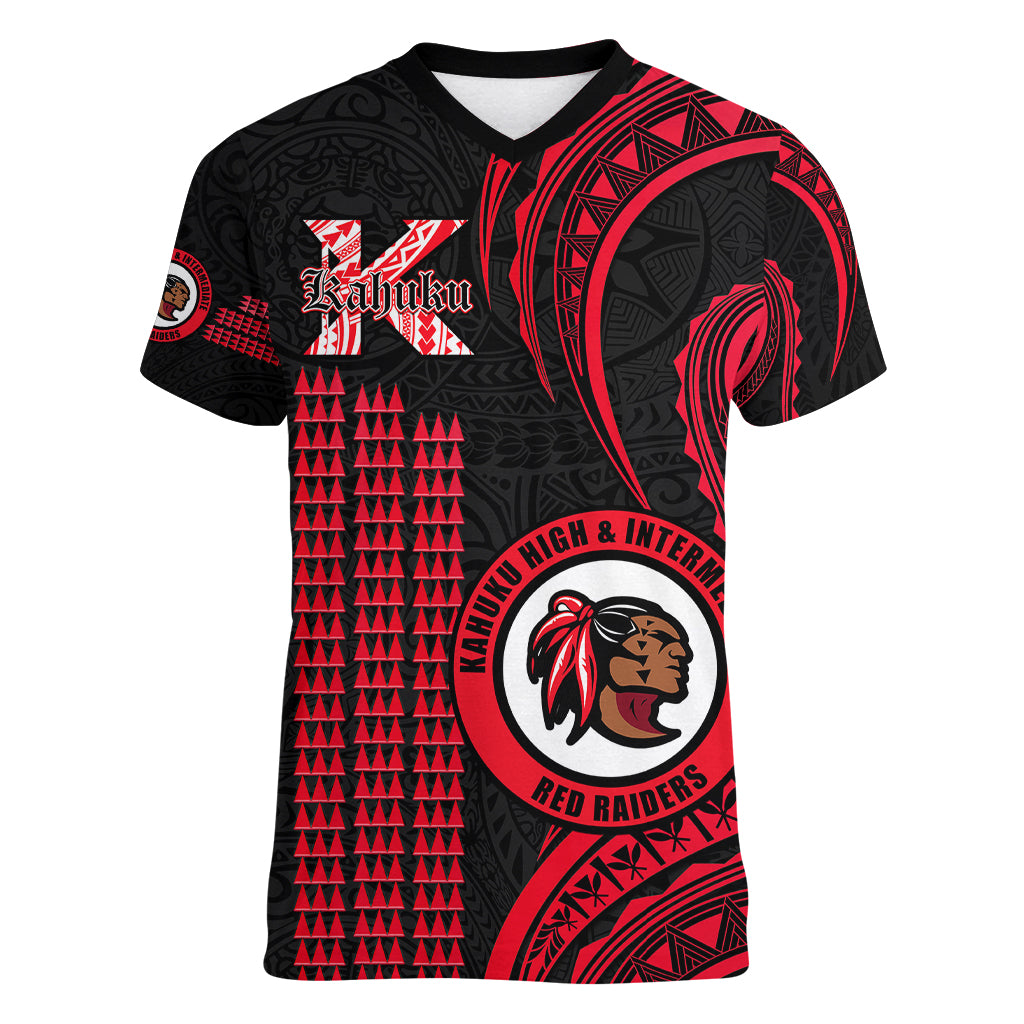 Personalised Hawaii Kahuku High And Intermediate School Women V Neck T Shirt Red Raiders Kakau Pattern LT14 Female Red - Polynesian Pride