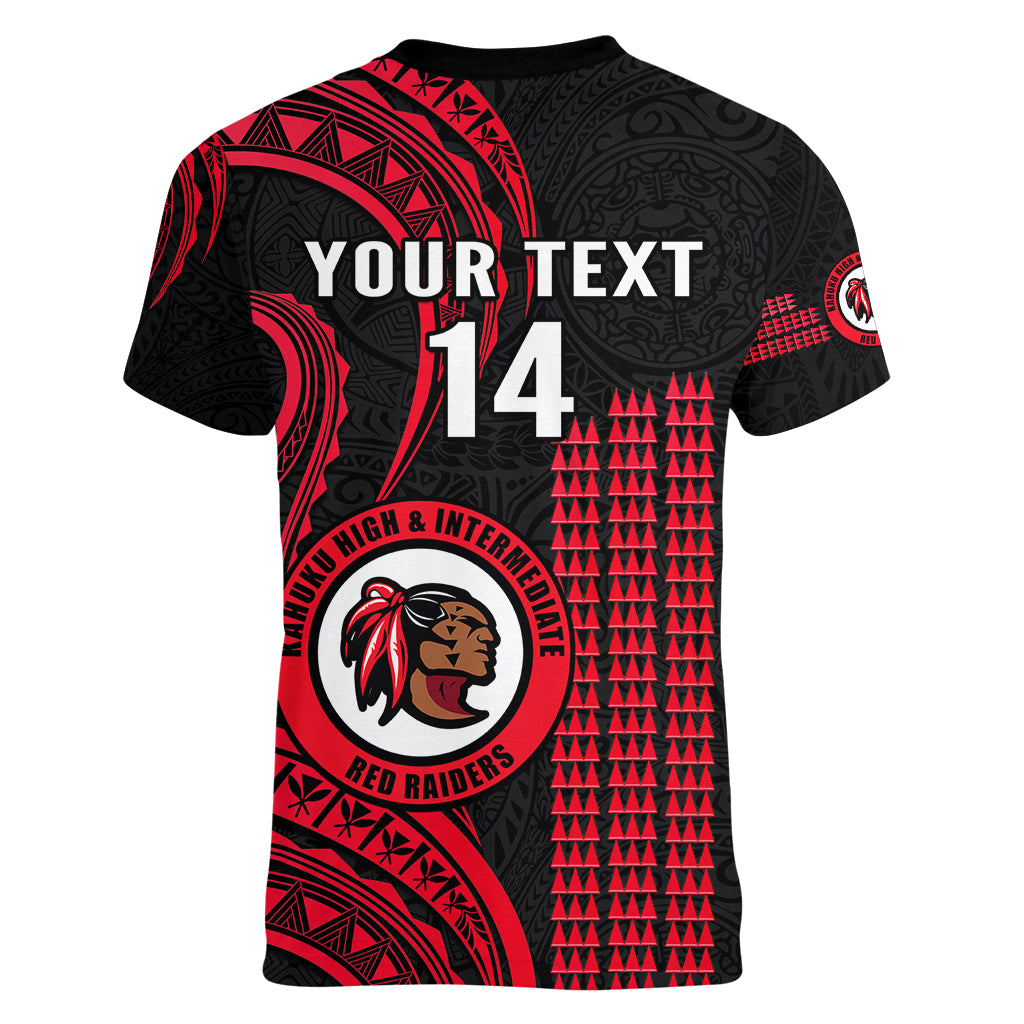 Personalised Hawaii Kahuku High And Intermediate School Women V Neck T Shirt Red Raiders Kakau Pattern LT14 - Polynesian Pride
