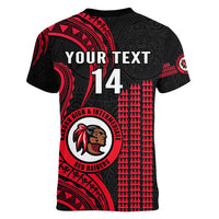 Personalised Hawaii Kahuku High And Intermediate School Women V Neck T Shirt Red Raiders Kakau Pattern LT14 - Polynesian Pride