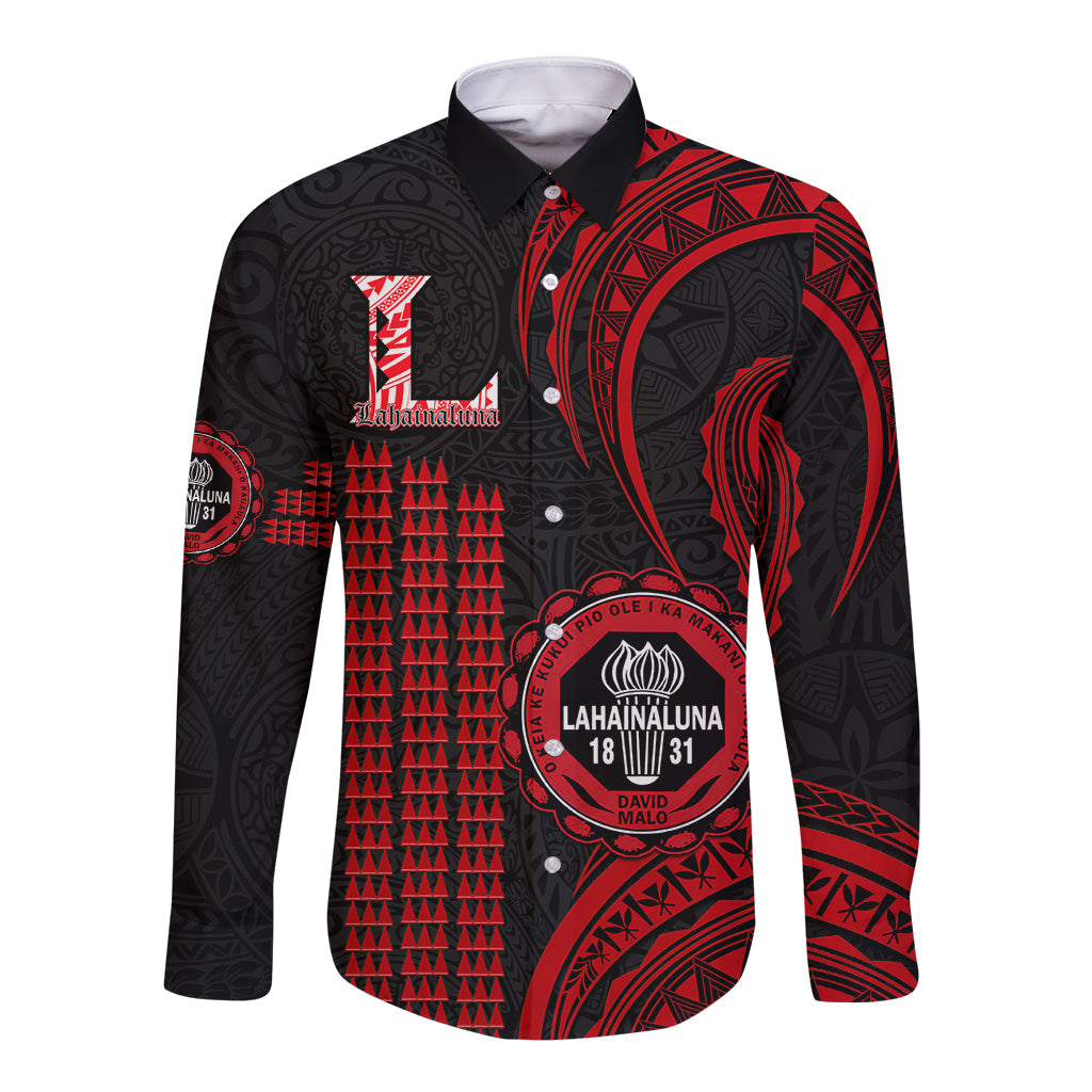 Hawaii Lahainaluna High School Long Sleeve Button Shirt Polynesian Kakau Pattern LT14 Unisex Red - Polynesian Pride