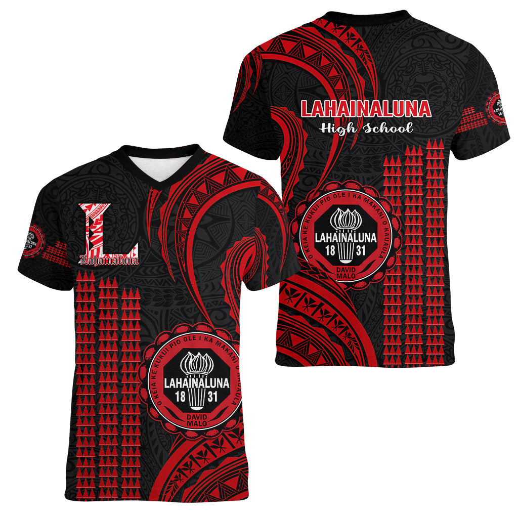 Hawaii Lahainaluna High School Women V Neck T Shirt Polynesian Kakau Pattern LT14 - Polynesian Pride