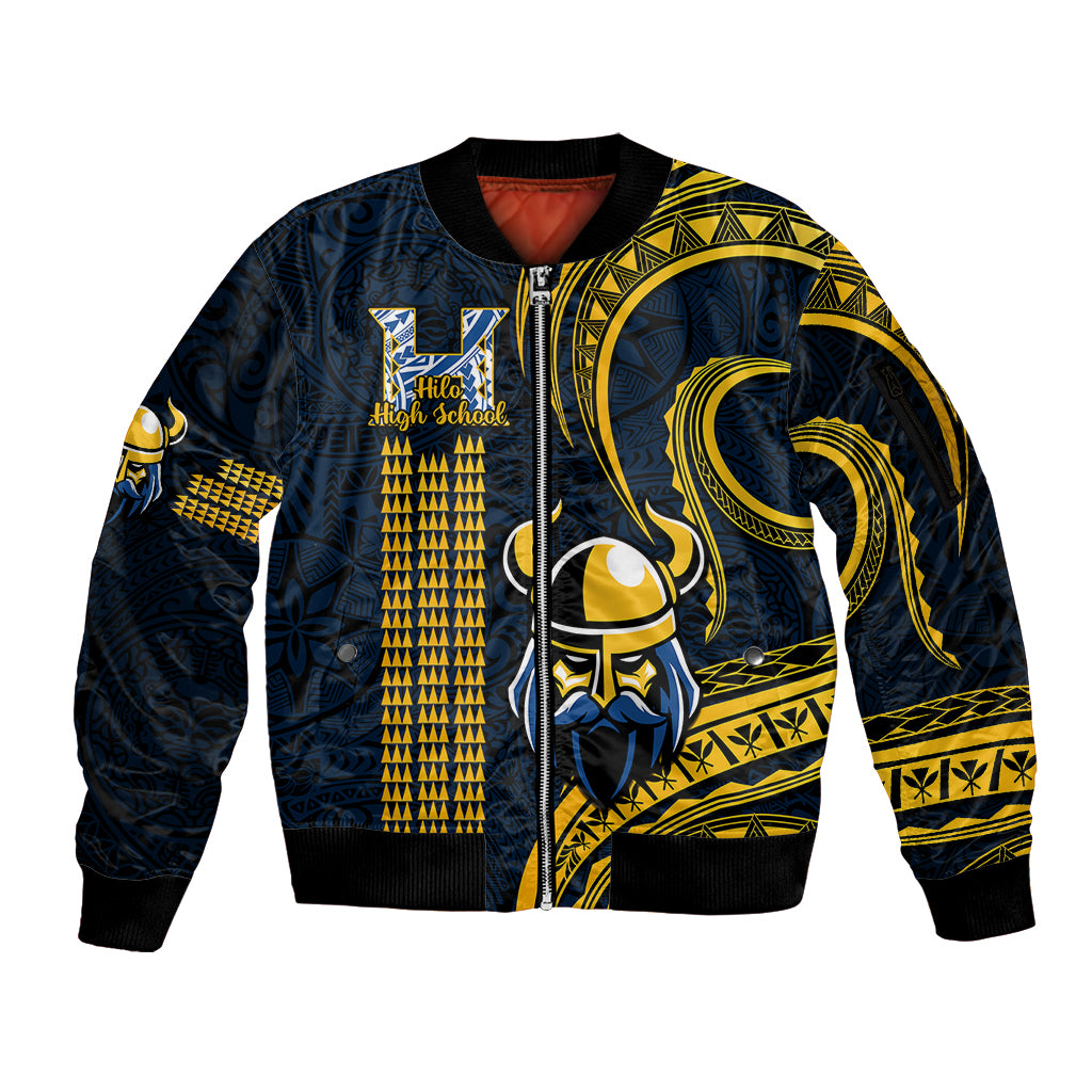 Personalised Hawaii Hilo High School Sleeve Zip Bomber Jacket Vikings Polynesian Kakau Pattern LT14 Unisex Gold - Polynesian Pride
