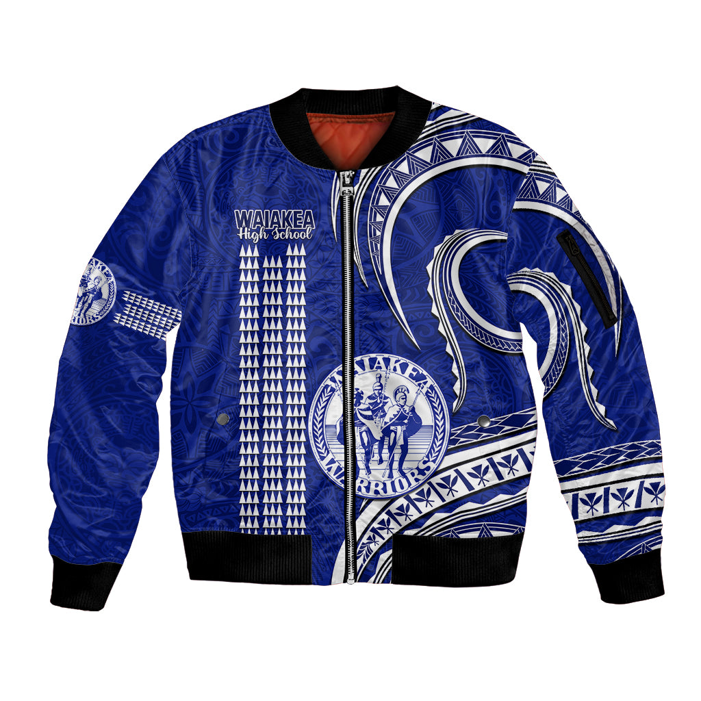 Personalised Hawaii Waiakea High School Sleeve Zip Bomber Jacket Polynesian Kakau Pattern LT14 Unisex Blue - Polynesian Pride