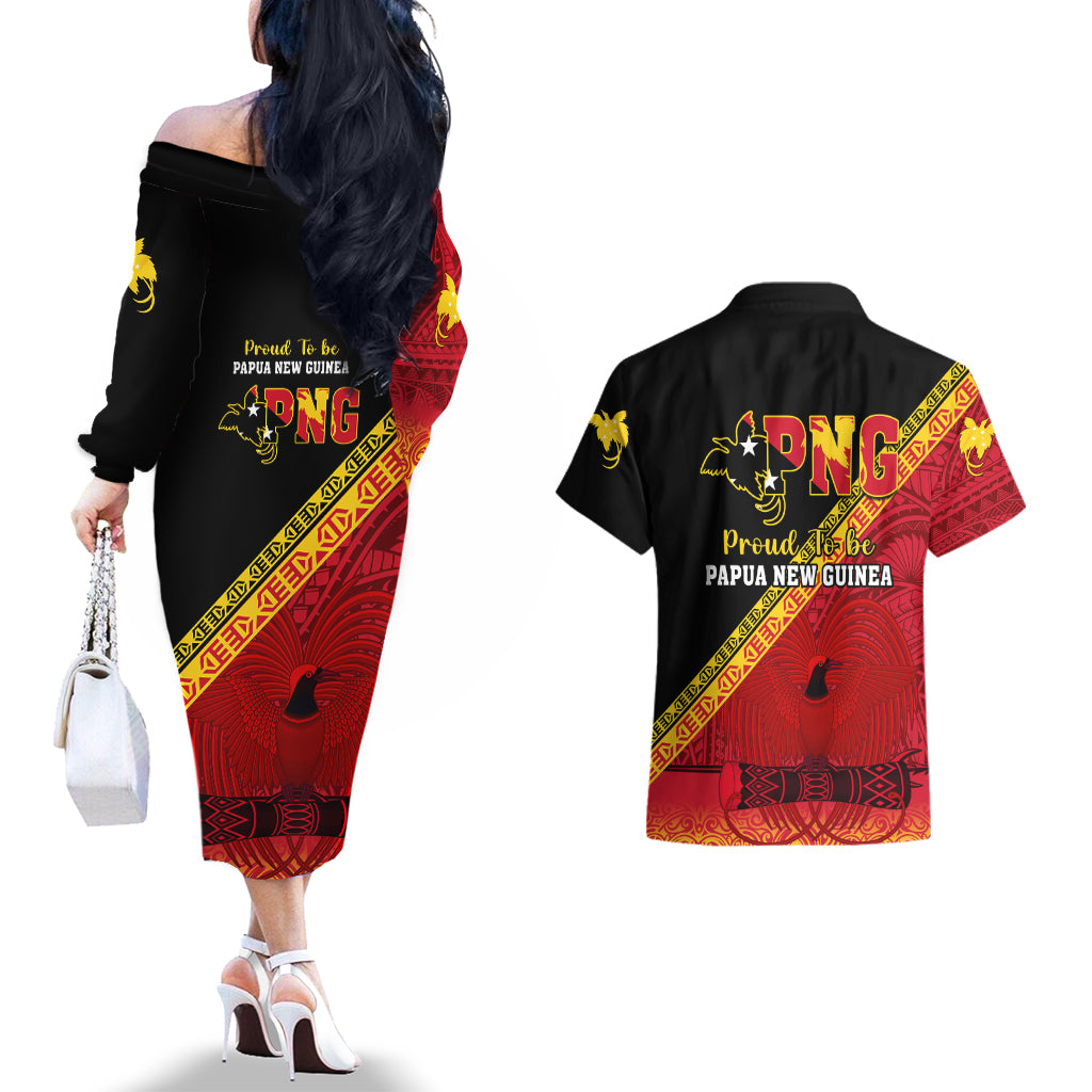 Papua New Guinea Couples Matching Off The Shoulder Long Sleeve Dress and Hawaiian Shirt Independen Stet bilong Papua Niugini Unique Version LT14 - Polynesian Pride
