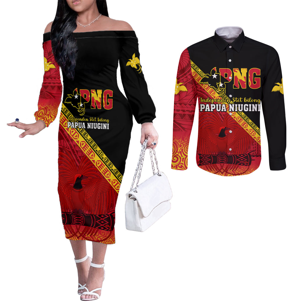 Papua New Guinea Couples Matching Off The Shoulder Long Sleeve Dress and Long Sleeve Button Shirts Independen Stet bilong Papua Niugini Unique Version LT14 Red - Polynesian Pride