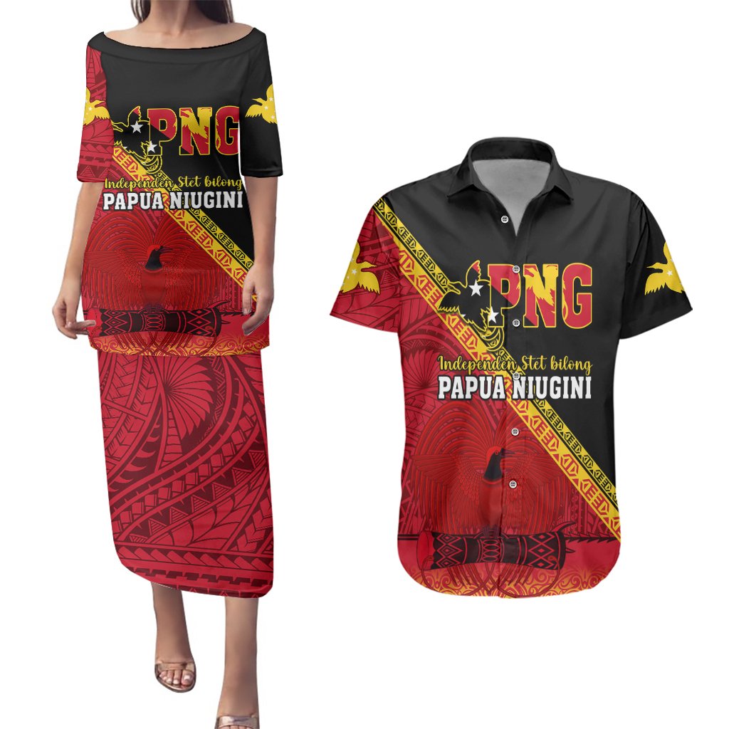 Papua New Guinea Couples Matching Puletasi Dress and Hawaiian Shirt Independen Stet bilong Papua Niugini Unique Version LT14 Red - Polynesian Pride