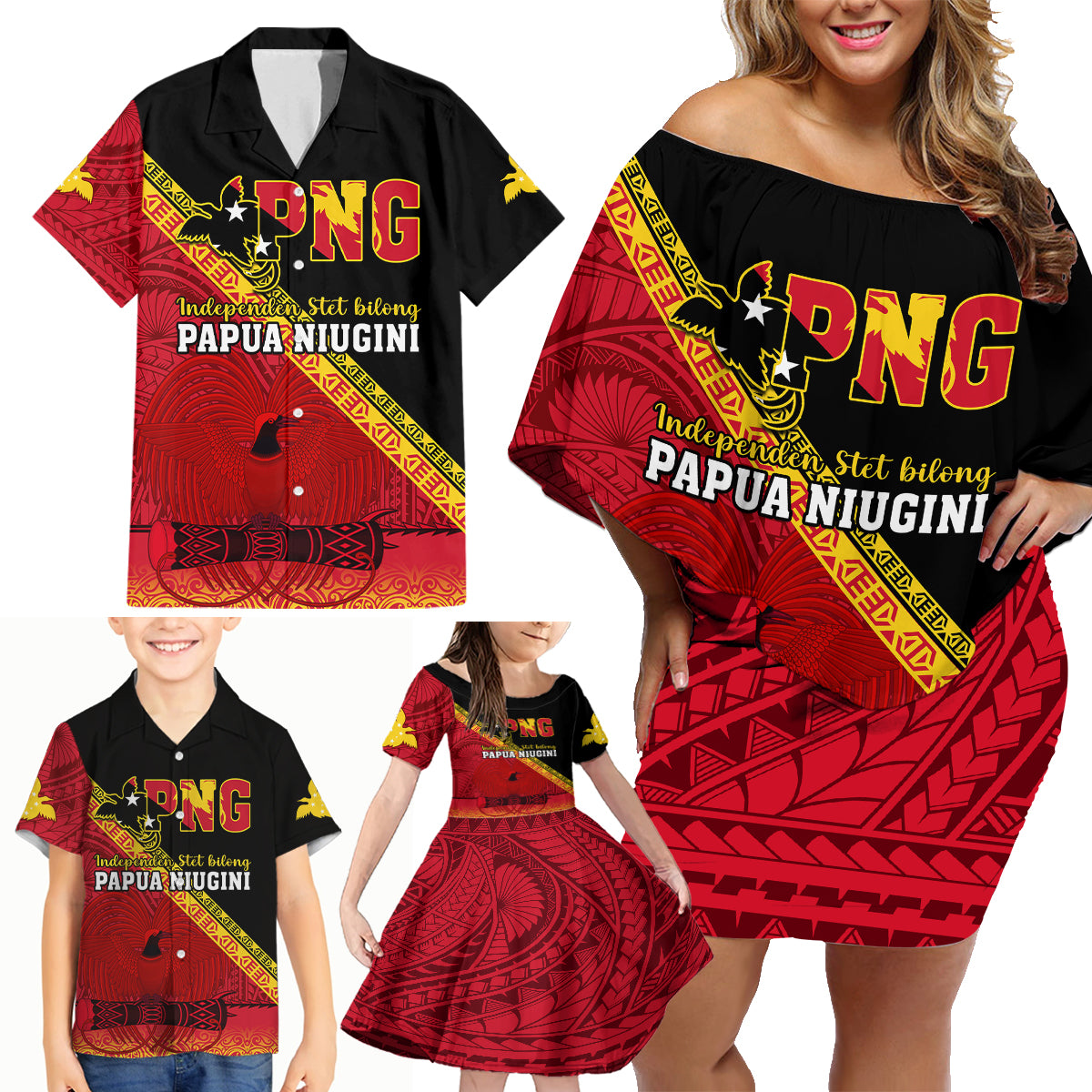 Papua New Guinea Family Matching Off Shoulder Short Dress and Hawaiian Shirt Independen Stet bilong Papua Niugini Unique Version LT14 - Polynesian Pride