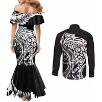 New Zealand Eel Couples Matching Mermaid Dress and Long Sleeve Button Shirt Tuna Aotearoa Maori Patten - Black