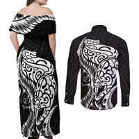 New Zealand Eel Couples Matching Off Shoulder Maxi Dress and Long Sleeve Button Shirt Tuna Aotearoa Maori Patten - Black