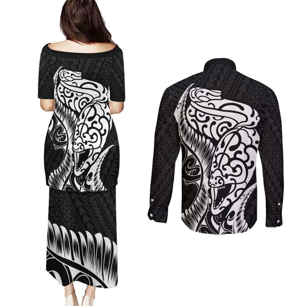New Zealand Eel Couples Matching Puletasi and Long Sleeve Button Shirt Tuna Aotearoa Maori Patten - Black