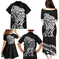 New Zealand Eel Family Matching Puletasi and Hawaiian Shirt Tuna Aotearoa Maori Patten - Black