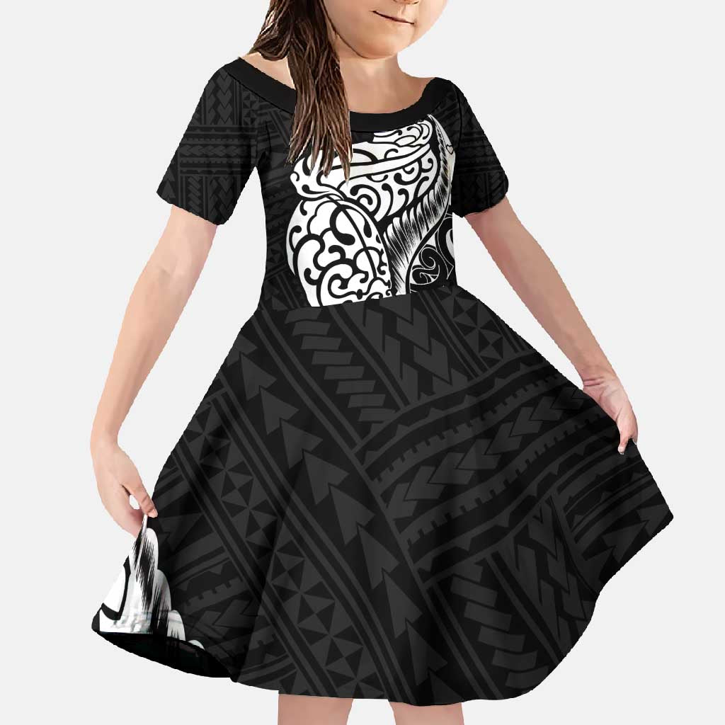 New Zealand Eel Family Matching Short Sleeve Bodycon Dress and Hawaiian Shirt Tuna Aotearoa Maori Patten - Black LT14 Daughter's Dress Black - Polynesian Pride