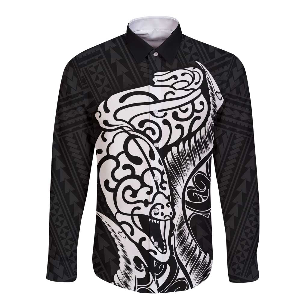 New Zealand Eel Long Sleeve Button Shirt Tuna Aotearoa Maori Patten - Black LT14 Unisex Black - Polynesian Pride