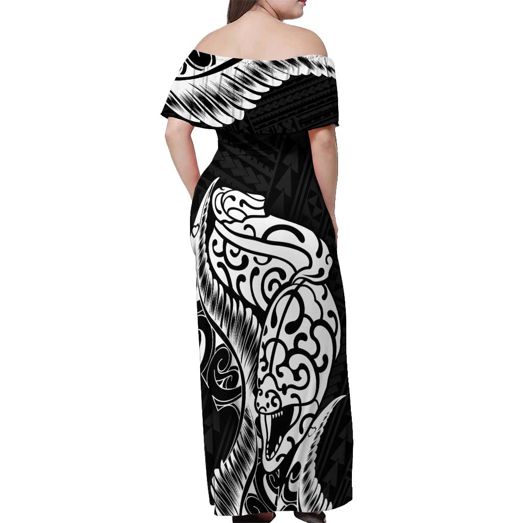 New Zealand Eel Off Shoulder Maxi Dress Tuna Aotearoa Maori Patten - Black