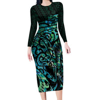 New Zealand Eel Family Matching Long Sleeve Bodycon Dress and Hawaiian Shirt Tuna Aotearoa Maori With Paua Shell - Turquoise