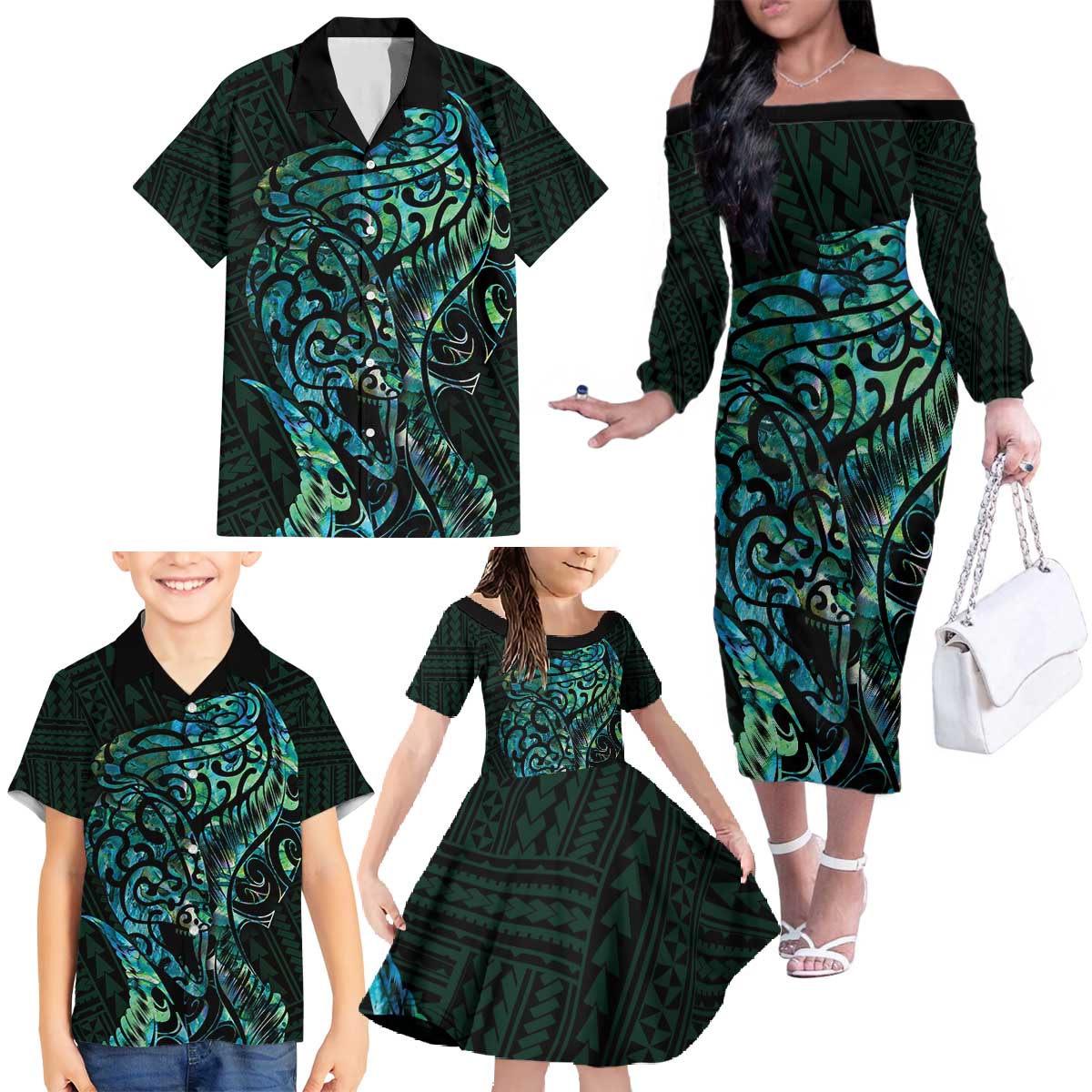 New Zealand Eel Family Matching Off The Shoulder Long Sleeve Dress and Hawaiian Shirt Tuna Aotearoa Maori With Paua Shell - Turquoise LT14 - Polynesian Pride