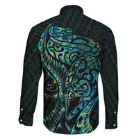 New Zealand Eel Family Matching Off Shoulder Short Dress and Hawaiian Shirt Tuna Aotearoa Maori With Paua Shell - Turquoise