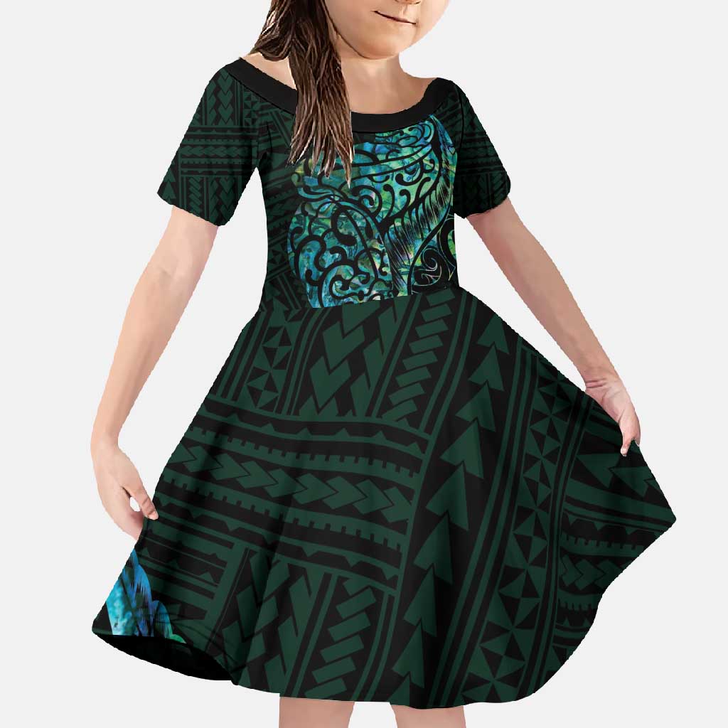 New Zealand Eel Family Matching Short Sleeve Bodycon Dress and Hawaiian Shirt Tuna Aotearoa Maori With Paua Shell - Turquoise LT14 Daughter's Dress Turquoise - Polynesian Pride