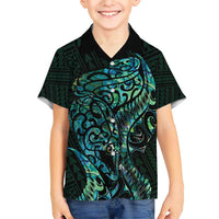 New Zealand Eel Family Matching Short Sleeve Bodycon Dress and Hawaiian Shirt Tuna Aotearoa Maori With Paua Shell - Turquoise LT14 Son's Shirt Turquoise - Polynesian Pride