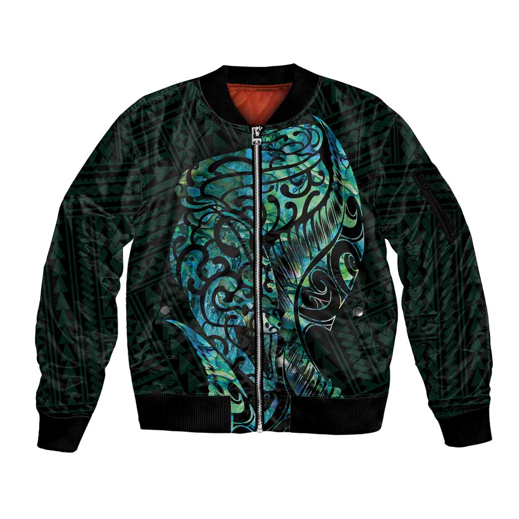 New Zealand Eel Sleeve Zip Bomber Jacket Tuna Aotearoa Maori With Paua Shell - Turquoise LT14 Unisex Turquoise - Polynesian Pride