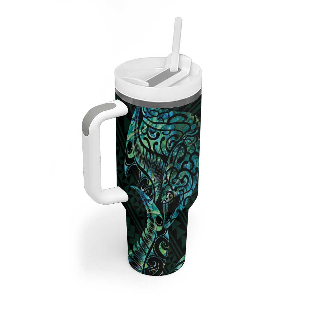 New Zealand Eel Tumbler With Handle Tuna Aotearoa Maori With Paua Shell - Turquoise