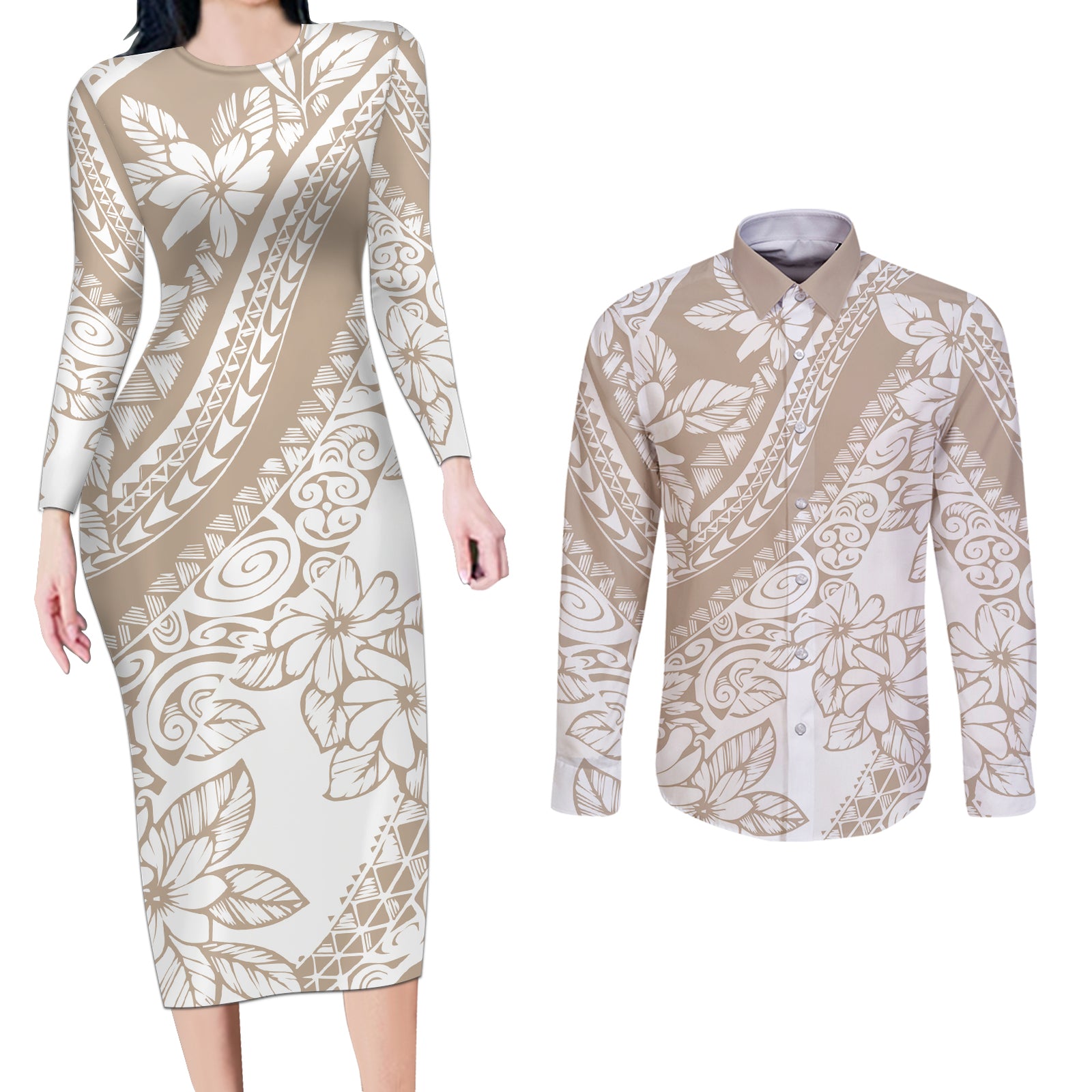 Polynesia Couples Matching Long Sleeve Bodycon Dress and Long Sleeve Button Shirts Polynesian Tropical Flowers Beige Pastel Vibes LT14 Beige - Polynesian Pride