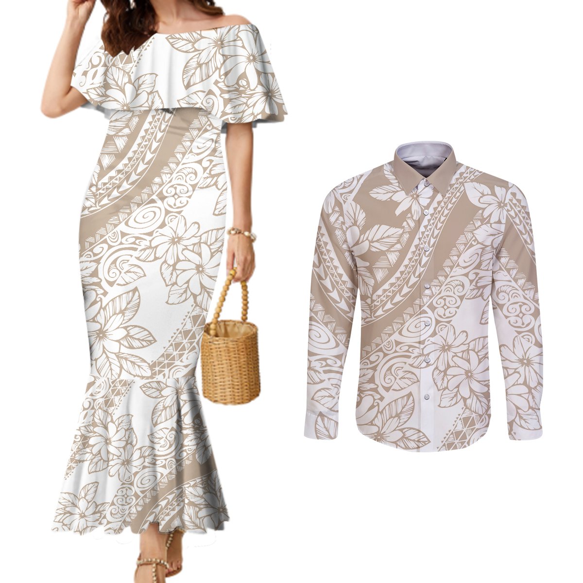 Polynesia Couples Matching Mermaid Dress and Long Sleeve Button Shirts Polynesian Tropical Flowers Beige Pastel Vibes LT14 Beige - Polynesian Pride