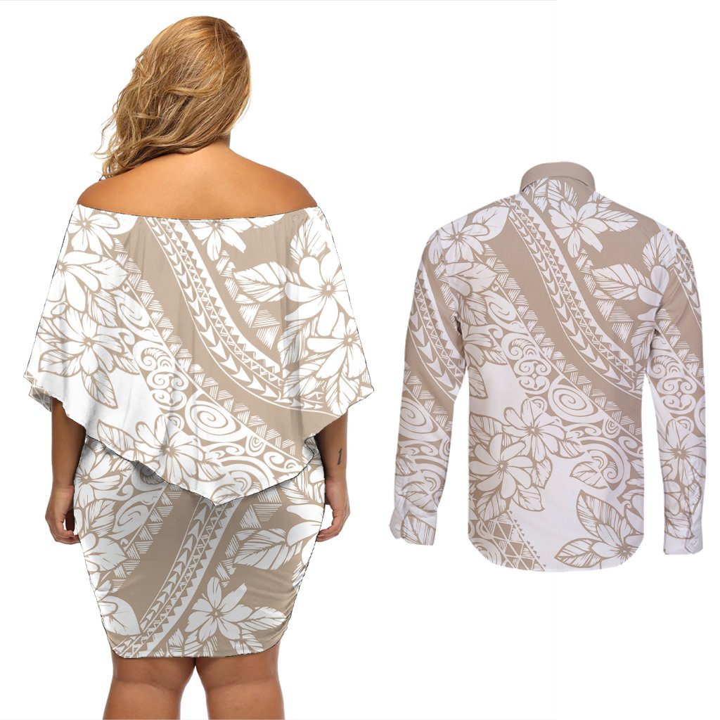 Polynesia Couples Matching Off Shoulder Short Dress and Long Sleeve Button Shirts Polynesian Tropical Flowers Beige Pastel Vibes LT14 - Polynesian Pride