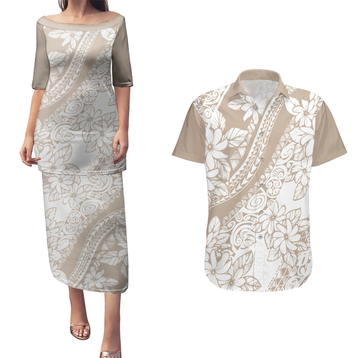 Polynesia Couples Matching Puletasi Dress and Hawaiian Shirt Polynesian Tropical Flowers Beige Pastel Vibes LT14 Beige - Polynesian Pride