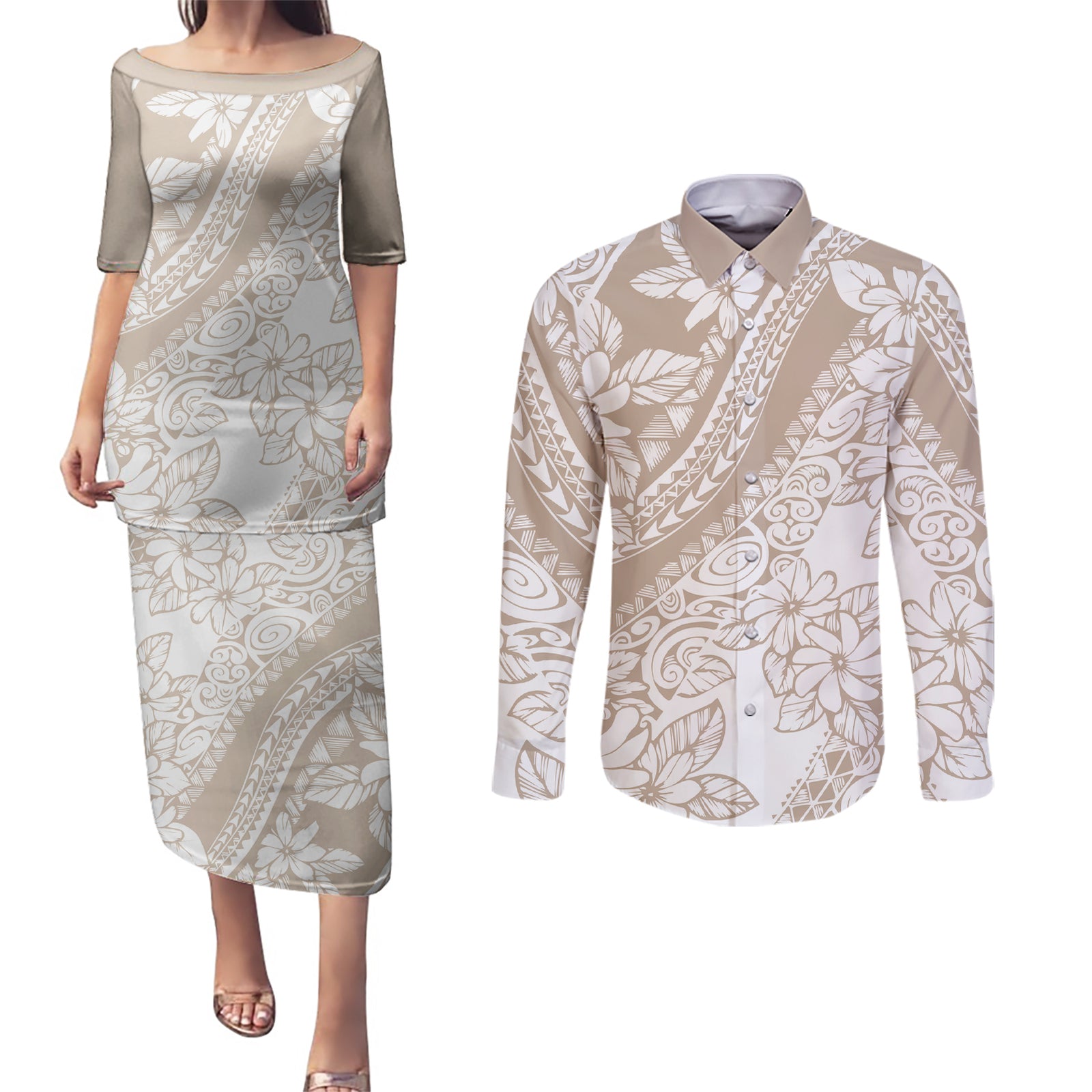 Polynesia Couples Matching Puletasi Dress and Long Sleeve Button Shirts Polynesian Tropical Flowers Beige Pastel Vibes LT14 Beige - Polynesian Pride