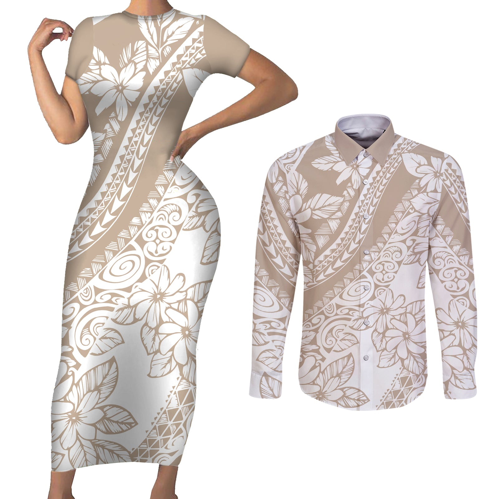 Polynesia Couples Matching Short Sleeve Bodycon Dress and Long Sleeve Button Shirts Polynesian Tropical Flowers Beige Pastel Vibes LT14 Beige - Polynesian Pride