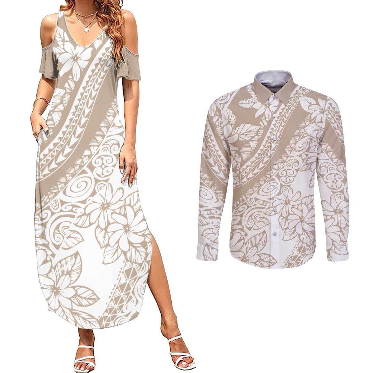 Polynesia Couples Matching Summer Maxi Dress and Long Sleeve Button Shirts Polynesian Tropical Flowers Beige Pastel Vibes LT14 Beige - Polynesian Pride