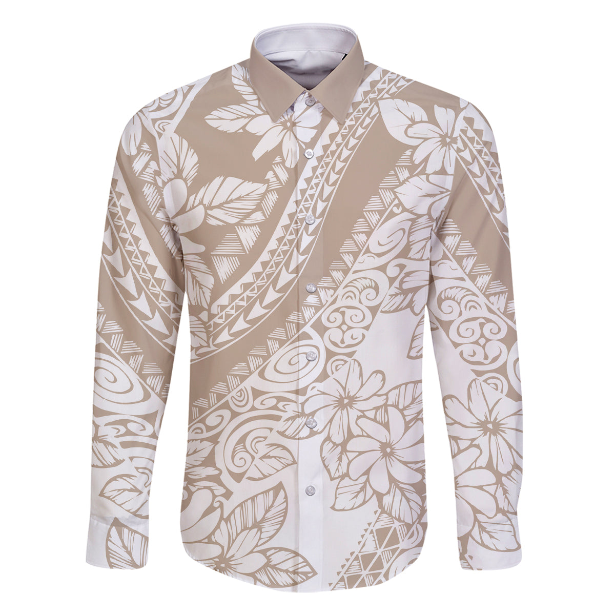 Polynesia Family Matching Off Shoulder Long Sleeve Dress and Hawaiian Shirt Polynesian Tropical Flowers Beige Pastel Vibes LT14 - Polynesian Pride