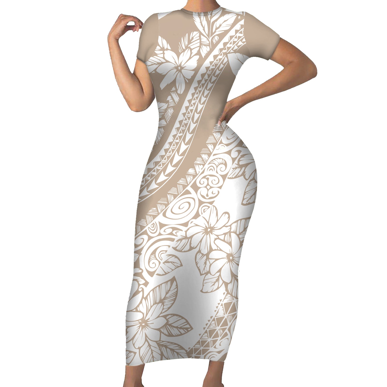 Polynesia Short Sleeve Bodycon Dress Polynesian Tropical Flowers Beige Pastel Vibes LT14 Long Dress Beige - Polynesian Pride