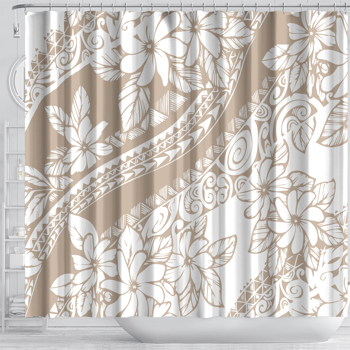 Polynesia Shower Curtain Polynesian Tropical Flowers Begie Pastel Vibes LT14 - Polynesian Pride