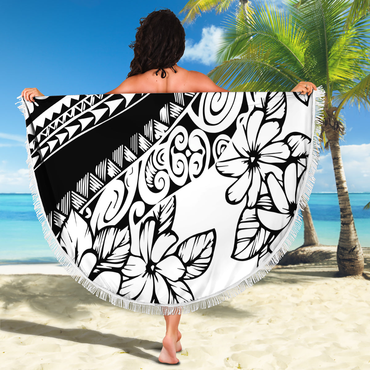 Polynesia Beach Blanket Polynesian Tropical Flowers Black Pastel Vibes LT14 - Wonder Print Shop