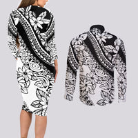 Polynesia Couples Matching Long Sleeve Bodycon Dress and Long Sleeve Button Shirts Polynesian Tropical Flowers Black Pastel Vibes LT14 - Polynesian Pride